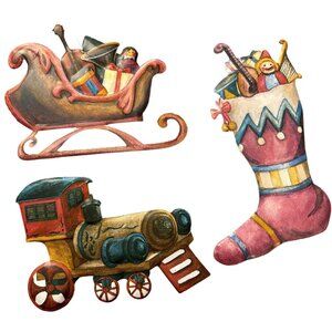 Vintage Christmas Metal Decorations Set, Sleigh Stocking Train